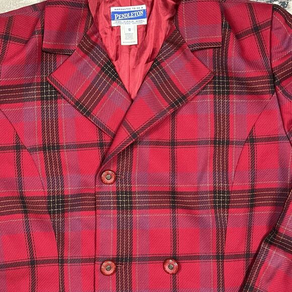 Vintage Pendleton Blazer Womens 10 Red Black Tartan Blazer 100% Virgin Wool - Picture 2 of 11